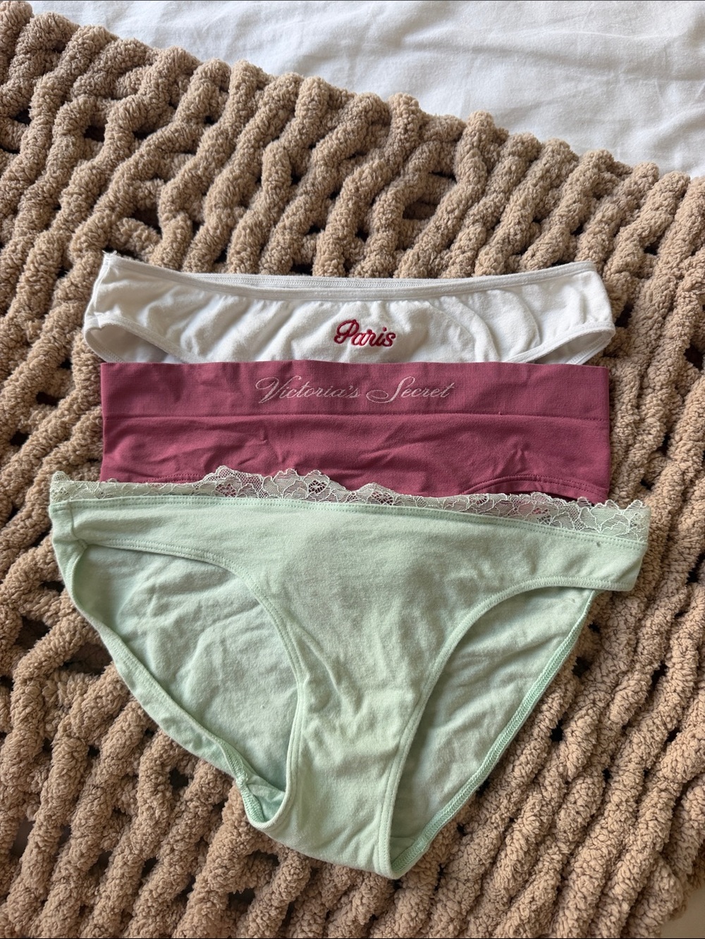 Victoria's Secret Three-Pack Bikini Panties in White, Mauve, Mint